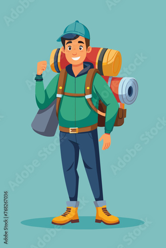Vector illustration of a backpacker with a lot of stuff on its back.