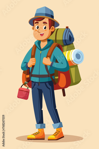 Vector illustration of a backpacker with a lot of stuff on its back.