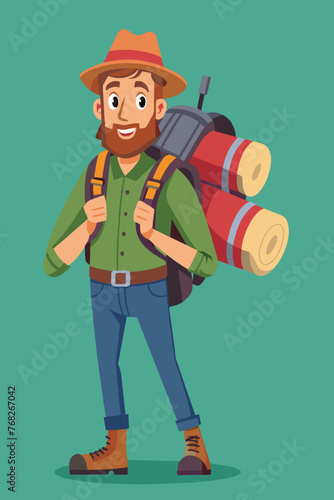 Vector illustration of a backpacker with a lot of stuff on its back.