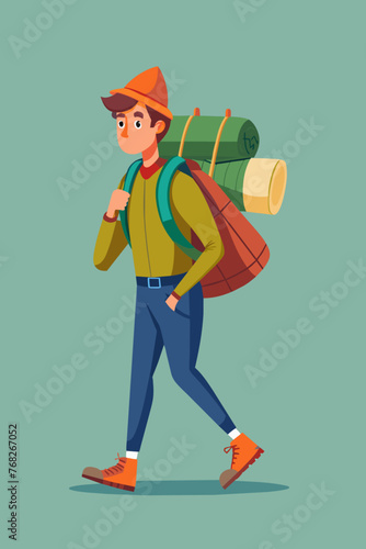 Vector illustration of a backpacker with a lot of stuff on its back.