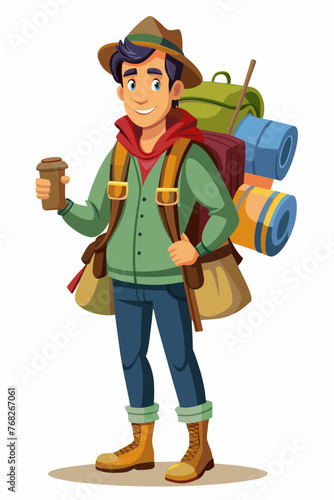 Vector illustration of a backpacker with a lot of stuff on its back.
