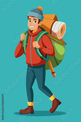 Vector illustration of a backpacker with a lot of stuff on its back.