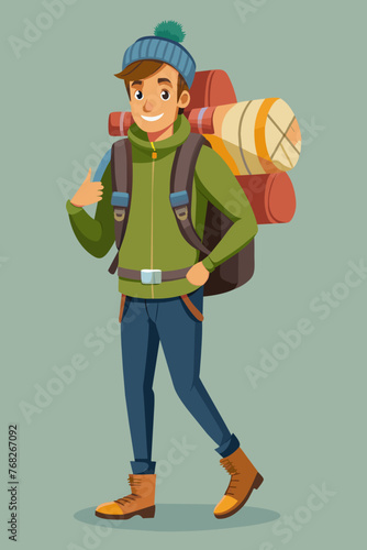 Vector illustration of a backpacker with a lot of stuff on its back.