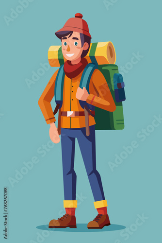 Vector illustration of a backpacker with a lot of stuff on its back.