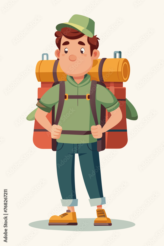 Fototapeta premium Vector illustration of a backpacker with a lot of stuff on its back.