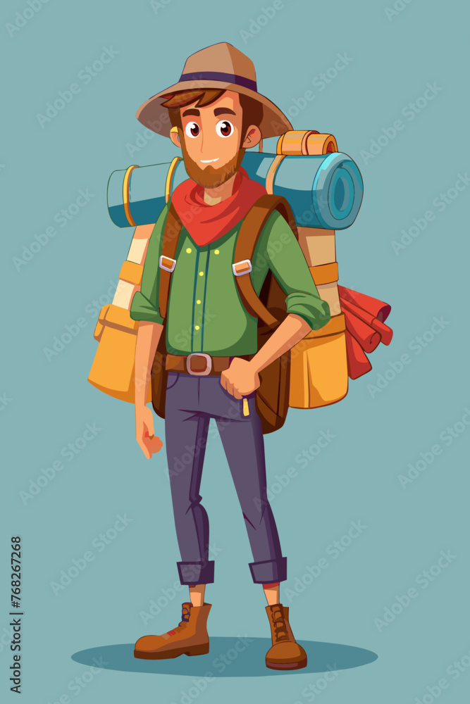 Vector illustration of a backpacker with a lot of stuff on its back. Vector illustration of a backpacker with a lot of stuff on its back.