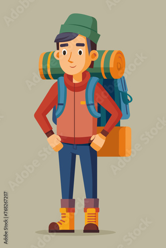 Vector illustration of a backpacker with a lot of stuff on its back.