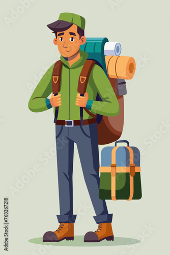 Vector illustration of a backpacker with a lot of stuff on its back.