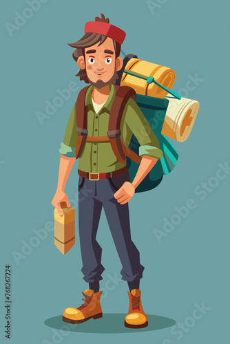 Vector illustration of a backpacker with a lot of stuff on its back.