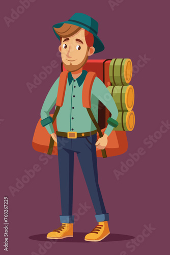 Vector illustration of a backpacker with a lot of stuff on its back.