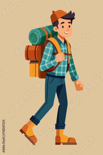 Vector illustration of a backpacker with a lot of stuff on its back.