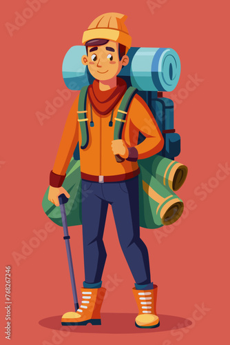 Vector illustration of a backpacker with a lot of stuff on its back.