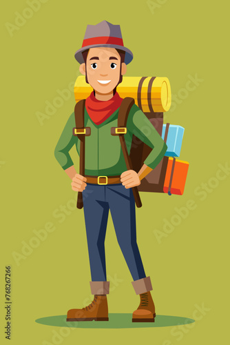 Vector illustration of a backpacker with a lot of stuff on its back.