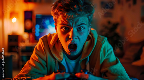 Online video game player lost tournament. Young man plays computer games at home. The player is upset about the defeat. The streamer is angry during the broadcast. Neon studio setting. Guy surfing the