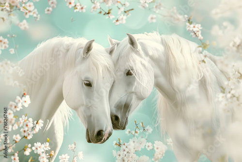 Two white horses among white flowers on a mint background