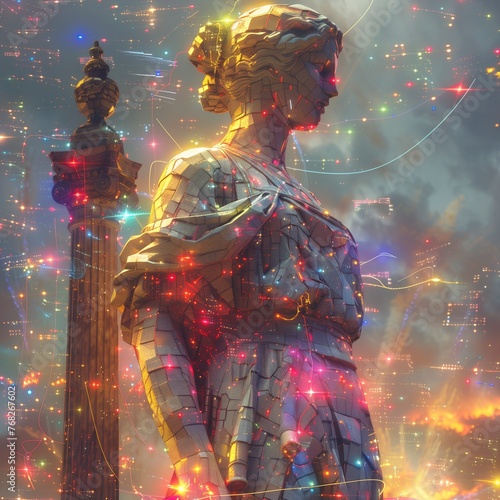 statue futuristic glitch art vaporwave voxels art. Cyberpunk Vision: Classical Statue Amidst Digital Chaos. A pixelated classical statue stands serene against a backdrop of vibrant digital chaos."