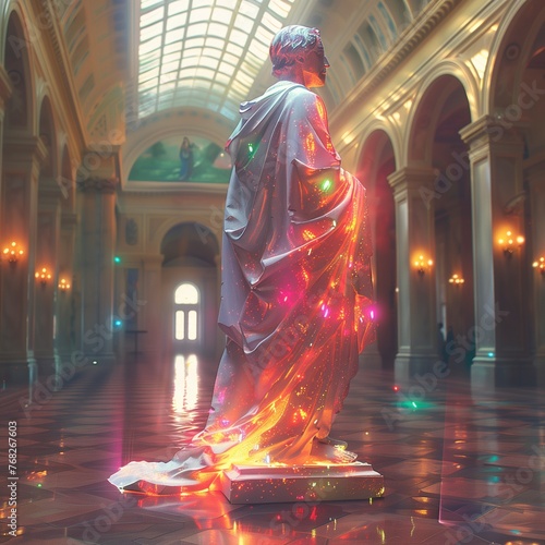 statue futuristic glitch art vaporwave voxels art. Ethereal Sculpture Aglow in Grand Hallway. A classical sculpture comes to life with radiant, colorful light trails in an elegant hall."