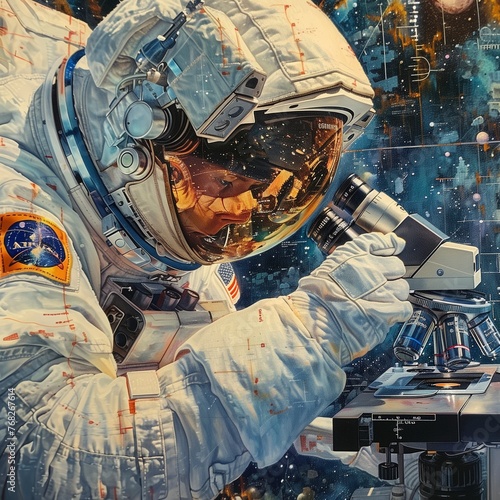 Under the microscope. Astronaut with Microscope: Exploring the Microcosmos. An astronaut engaged with a microscope, symbolizing the exploration of the microcosmos.