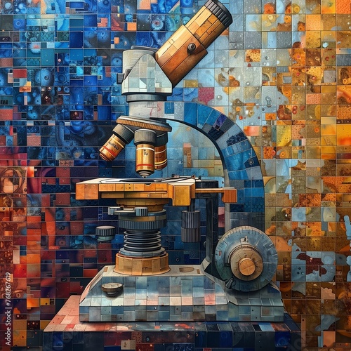 Under the microscope. Pixelated Microscope in Digital Mosaic. A vintage microscope depicted in vibrant digital mosaic art