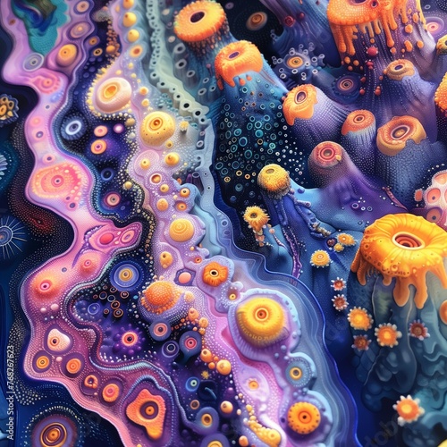 Under the microscope. Psychedelic Marine Life: Artistic Underwater Dreamscape. A vividly colored, psychedelic representation of underwater marine life.