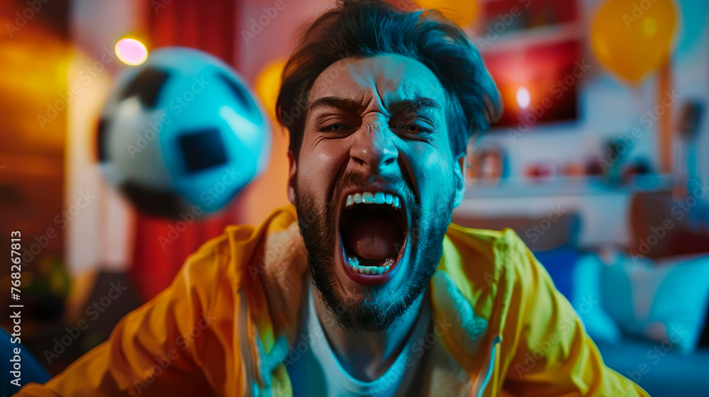 A football fan. Portrait of an emotional man in shock screaming yawning of joy or hate. Celebrate the victory of the football team. Concept of sport, fun, support.