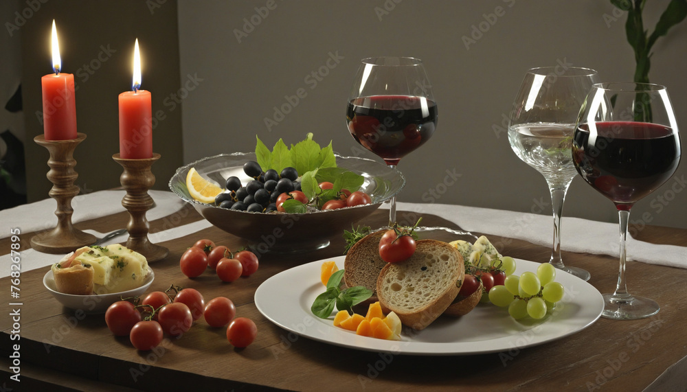 Gourmet meal, wineglass, candle, celebration romance, wood, dessert, wine 