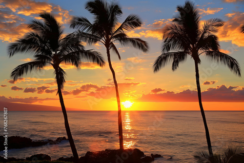 Beautiful sea sunset with silhouettes of palm trees and beautiful clouds