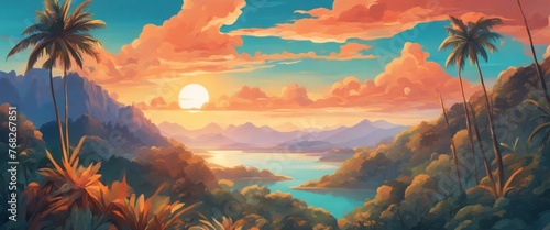 Amazing sunlit mountains  in illustrator form