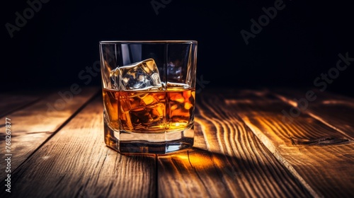 A glass of single malt scotch whisky with ice cubes on a wooden table. The whisky is dark amber, and the ice cubes are clear. The table is dark brown with a smooth surface.