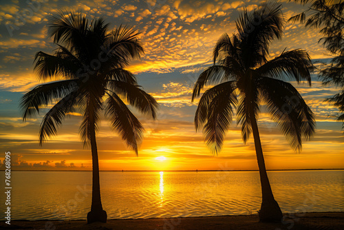 Beautiful sea sunset with silhouettes of palm trees and beautiful clouds