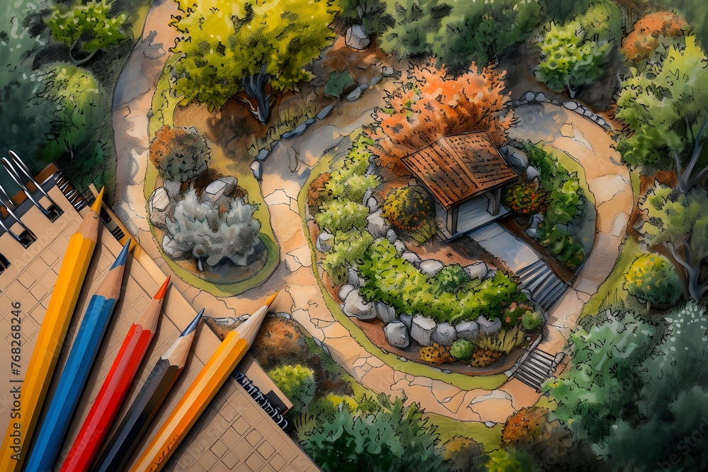 landscape garden design with gazebo and stones. Lawns and shrubs stones sheet walkway in the garden. drawing by hand, drafting color pencils, sketch, top view.