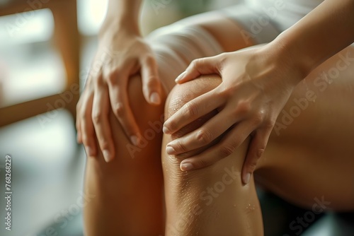 Female athlete with knee injury receiving massage for muscle relaxation and relief from rheumatoid arthritis pain. Concept Injury Recovery, Massage Therapy, Athlete Wellness