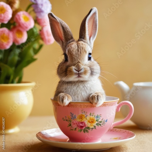 Cute bunny sits in a cup of tea with flowers. Design concept for print, greeting cards, covers, happy easter day