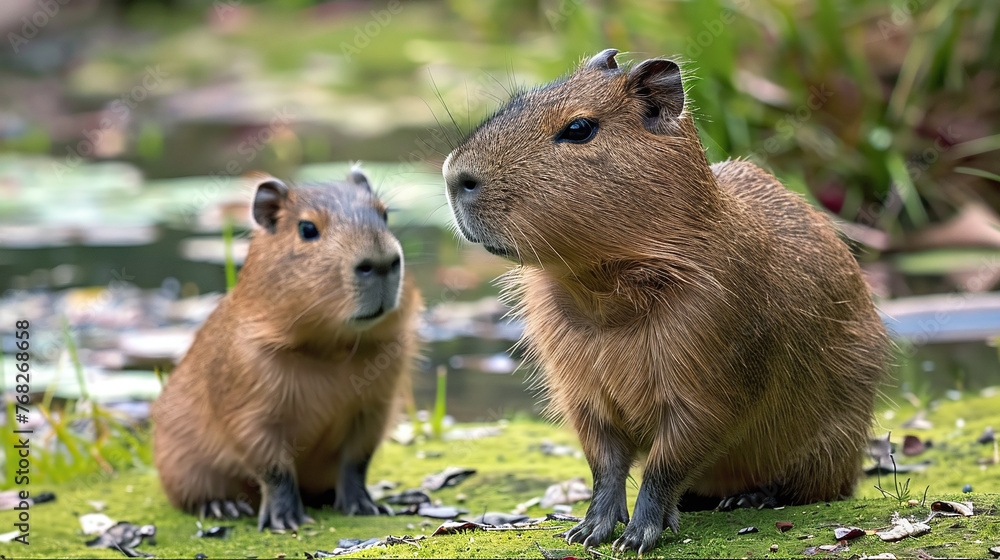 capybara aduld with young animal sitting outside the water capybara aduld with young animal sitting outside the water