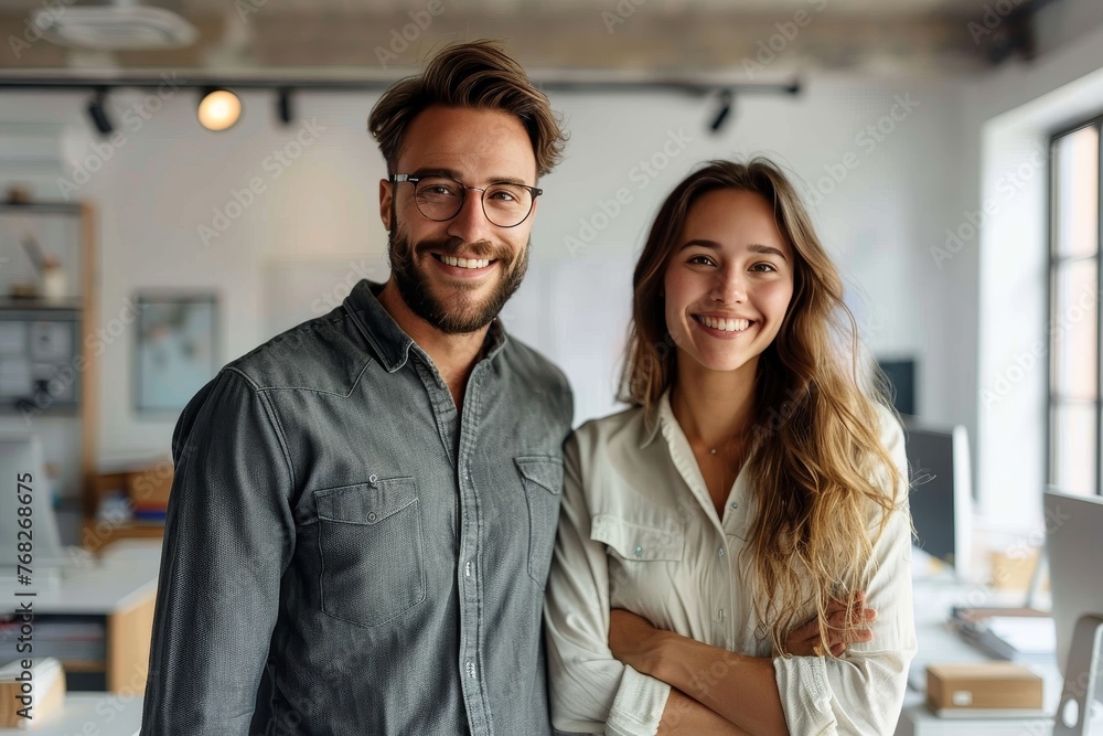 Two happy co-workers in a bright modern office, portraying a friendly work environment Two happy co-workers in a bright modern office, portraying a friendly work environment