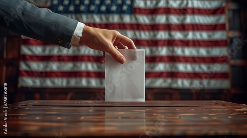 Hand putting ballot in box in front of American flag