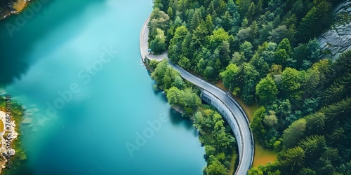 Aerial view of a hydropower dam and reservoir generating renewable energy to combat global warming. Concept Hydropower, Renewable Energy, Global Warming, Aerial Photography, Energy Infrastructure