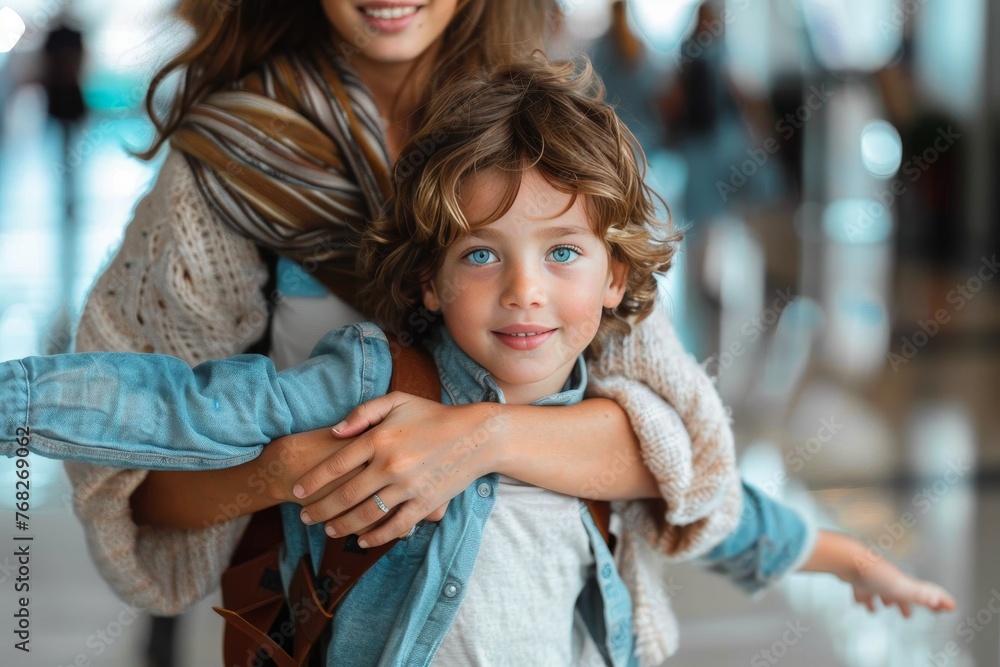 Obraz premium Portrait of a joyful boy smiling while piggybacking, indicating feelings of comfort and security