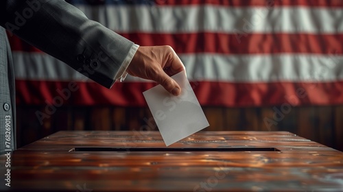 Hand with thumb inserting ballot into box in front of American flag photo