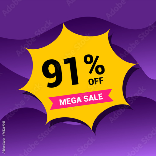 91% sale badge vector illustration on a purple gradient background. Ninety one percent price tag. Yellow and purple.