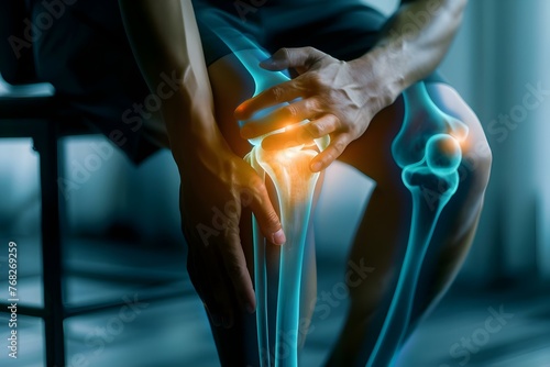 Man touching knee with arthritis tendon problems seen on xray. Concept Arthritis, Knee Pain, Tendon Problems, X-ray Diagnosis