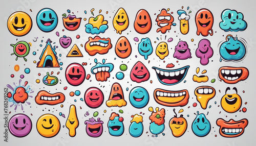 Funny melting smiling happy face colorful cartoon set. Retro psychedelic drug effect smile icon cllection on isolated background. Trendy character doodle graphic bundle.