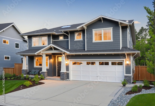 The Modern craftsman style home in Northwest, USA has a truly impressive curb appeal. It stands out with its beautiful landscaping, gray siding, large windows, and a Frosted Glass Garage Door.