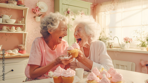 Two elders in kitchen, laughing, baking.