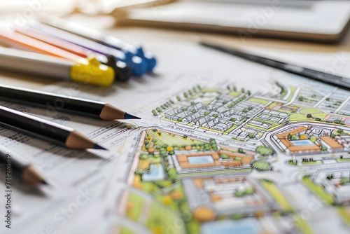 master plan of urban landscape design or urban architecture drawing with drawing tools, color markers, scale rulers on the table. Real estate advertising