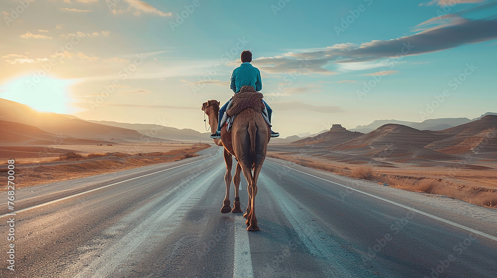 pessoa andando de camelo pelas estradas - obrazy, fototapety, plakaty 