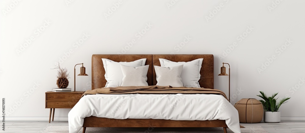 A bedroom in a house with a comfortable bed on a bed frame, a nightstand with lamps, and a white wall. The furniture is made of wood, creating a cozy atmosphere A bedroom in a house with a comfortable bed on a bed frame, a nightstand with lamps, and a white wall. The furniture is made of wood, creating a cozy atmosphere