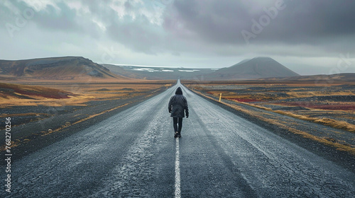 pessoa caminhando sozinha por uma longa estrada photo