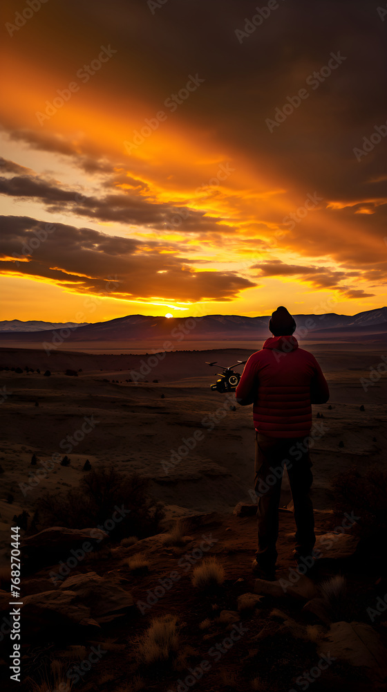 Drone Capturing Majestic Outdoors: A Harmonious Blend of Technology and Nature at Sunset