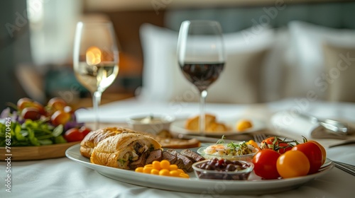 Precise close-up of a hotel room service tray featuring gourmet food and beverages, showcasing the quality of dining options available to guests.